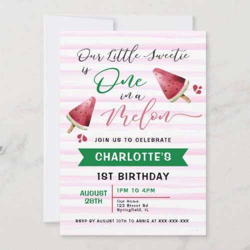 Watercolor Watermelon One in a Melon Birthday Invitation