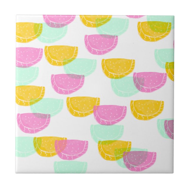Watercolor Watermelon Pink Green Yellow Pattern   Ceramic Tile (Front)