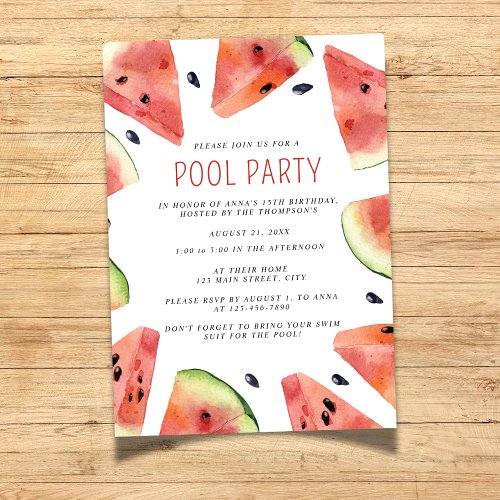 Watercolor Watermelon Pool Party Invitation