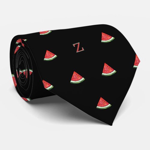 Watercolor Watermelon Slice Monogram Initial Black Neck Tie