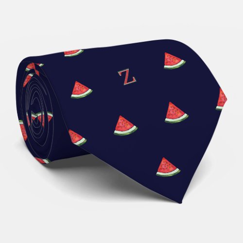 Watercolor Watermelon Slice Monogram Initial Blue Neck Tie