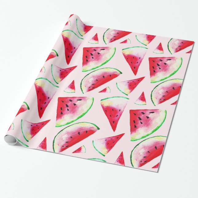 Watercolor Watermelon Slice Pattern Wrapping Paper (Unrolled)