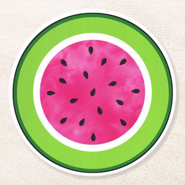 Watercolor Watermelon Slice Round Paper Coaster (Front)