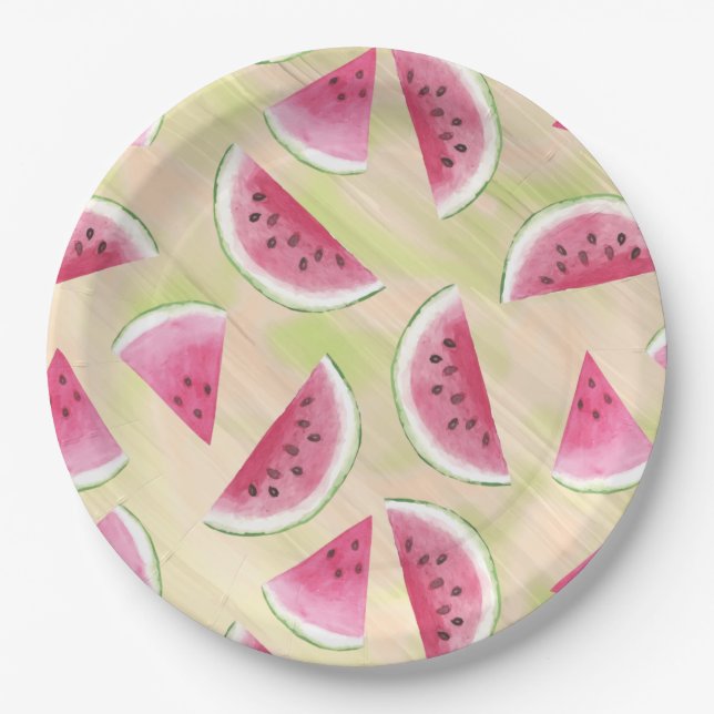 Watercolor Watermelon Slices Paint Brush Strokes Paper Plates (Front)