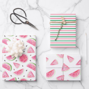 Watercolor Watermelon & Stripes Pattern   Wrapping Paper Sheets