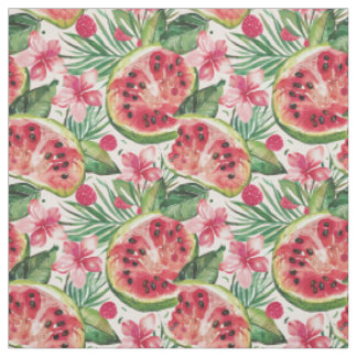 Watercolor Watermelon & Tropical Flowers Pattern Fabric