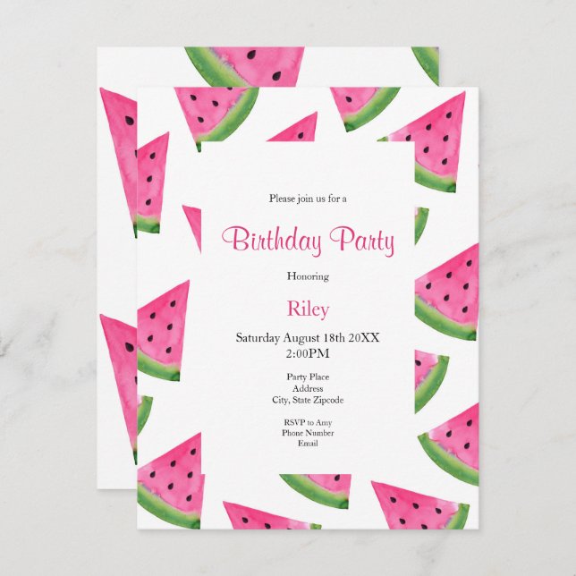Watercolor Watermelon Wedge and Pattern Invitation (Front/Back)