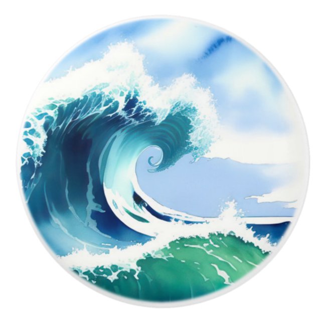 Watercolor Wave Ocean Ceramic Knob (Front)