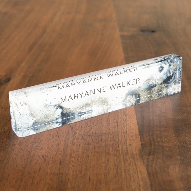 Watercolor Waves And Gold Sand Coastal Desk Name Plate (Side)