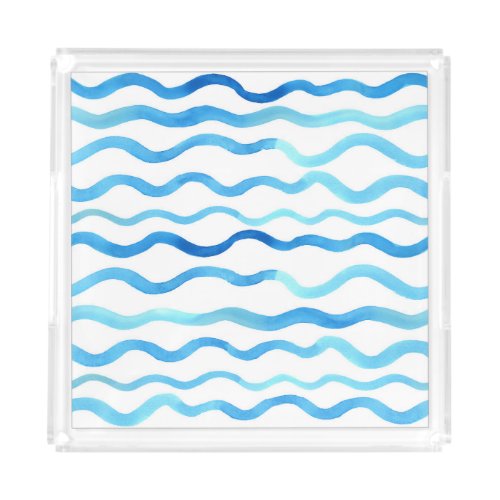 Watercolor Waves Blue Turquoise Seamless Acrylic Tray