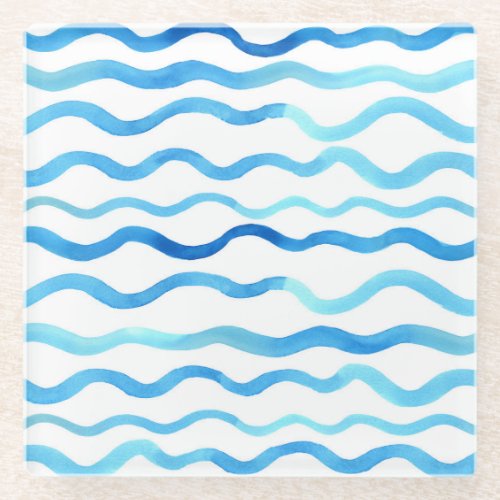 Watercolor Waves Blue Turquoise Seamless Glass Coaster