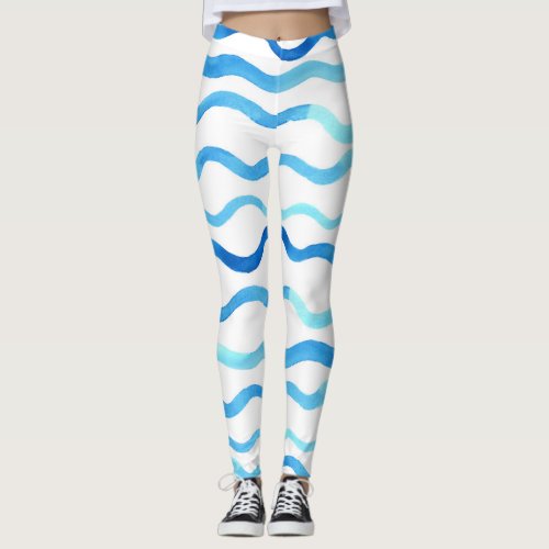 Watercolor Waves Blue Turquoise Seamless Leggings