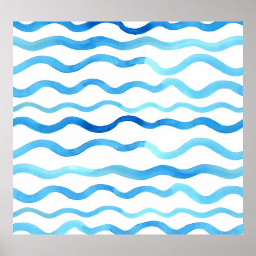 Watercolor Waves Blue Turquoise Seamless Poster