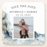 watercolor waves coastal save the date photo square paper coaster<br><div class="desc">This save the date hand sticker features watercolor brush stroke in deep navy blue colors with gold accents imitating waves on the beach which makes it a perfect choice for a summer or beach wedding. It is minimalistic and elegant in layout and font choices, also very easy to customize. Customize...</div>