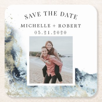 Watercolor Waves Coastal Save The Date Photo Square Paper Coaster by WorldOfAntares at Zazzle