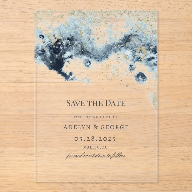 Watercolor Waves Minimalistic Save The Date  (Front)
