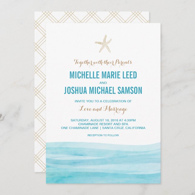 Watercolor Waves Ocean Beach Wedding Invitation (Front/Back)