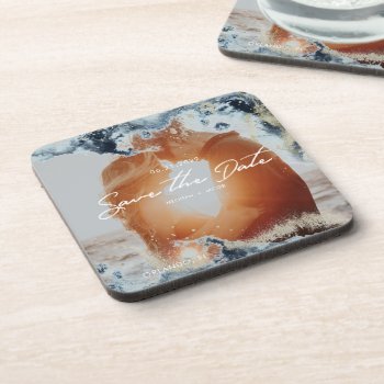 Watercolor Waves Photo Save The Date Beverage Coaster by WorldOfAntares at Zazzle