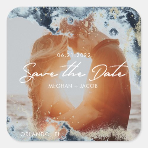 Watercolor Waves Photo Save the Date Square Sticker