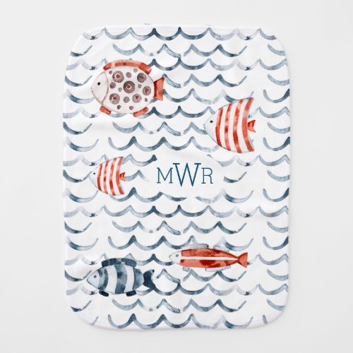 Watercolor waves red and blue fish triple monogram baby burp cloth