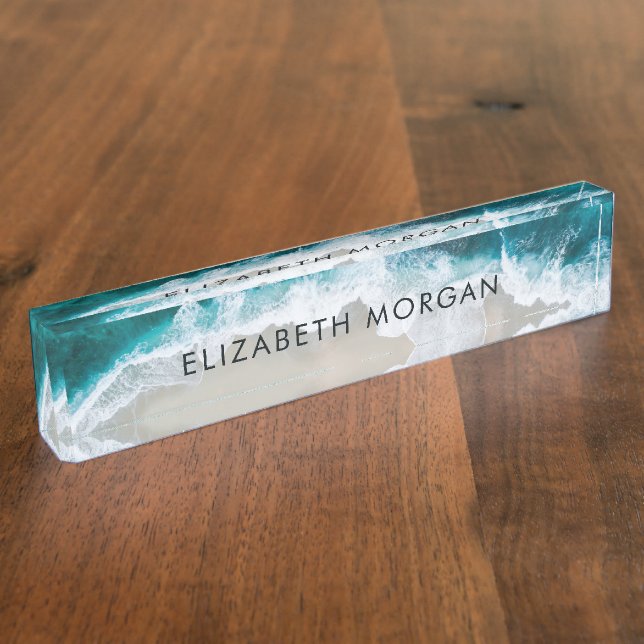 Watercolor Waves Sand Blue Green Coastal Beach  Desk Name Plate (Side)