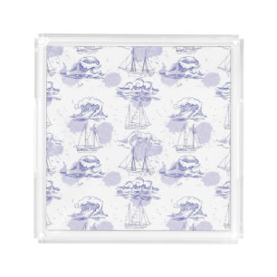 Watercolor Waves & Ships Pattern Acrylic Tray