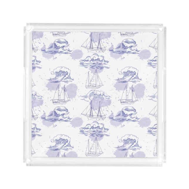 Watercolor Waves & Ships Pattern Acrylic Tray (Front)