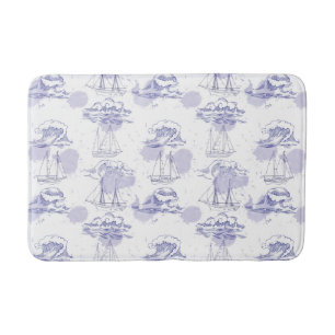 Watercolor Waves & Ships Pattern Bathroom Mat
