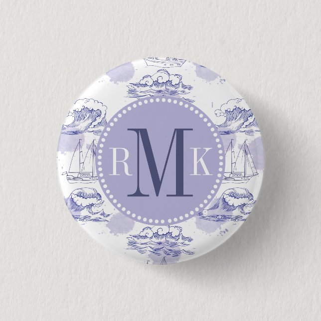 Watercolor Waves & Ships Pattern Button (Front)