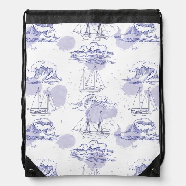 Watercolor Waves & Ships Pattern Drawstring Bag (Front)