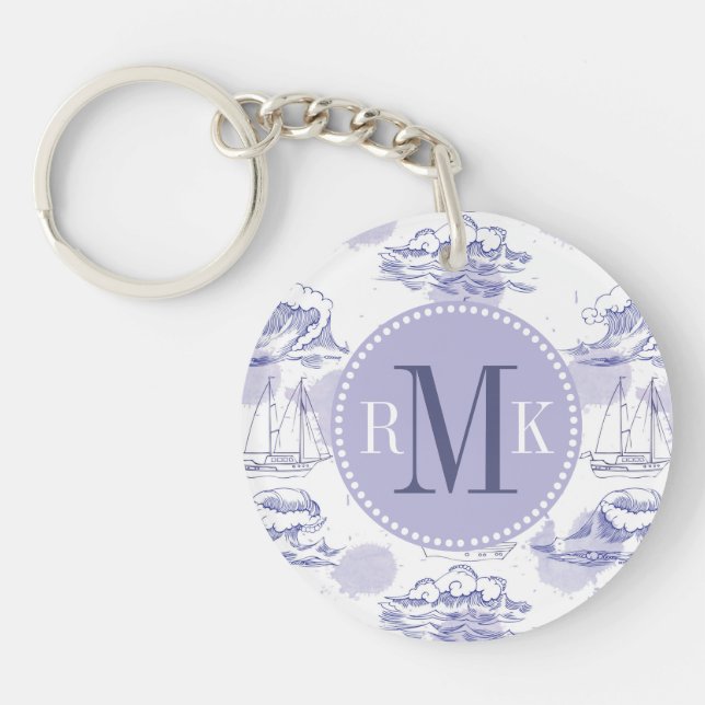 Watercolor Waves & Ships Pattern Keychain (Front)