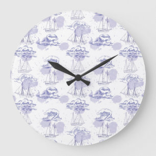 Watercolor Waves & Ships Pattern Large Clock