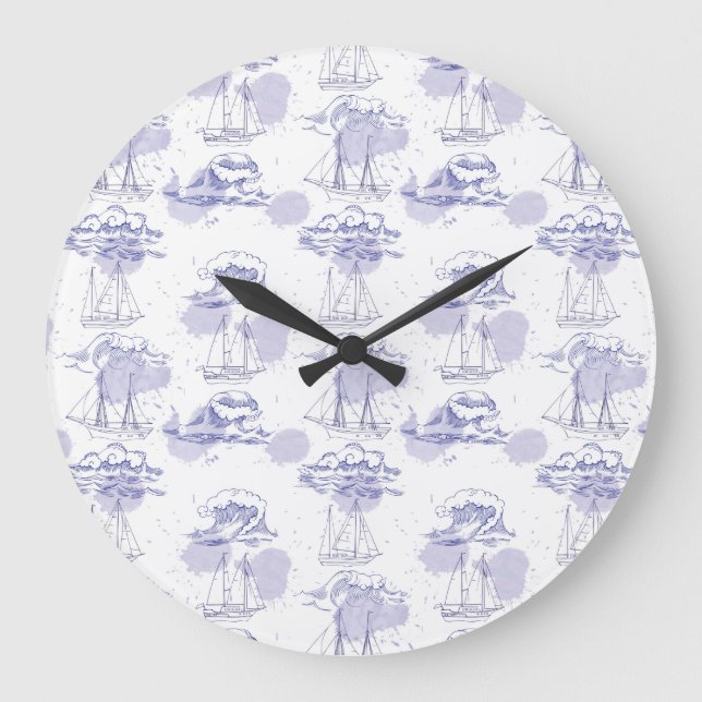 Watercolor Waves & Ships Pattern Large Clock (Front)
