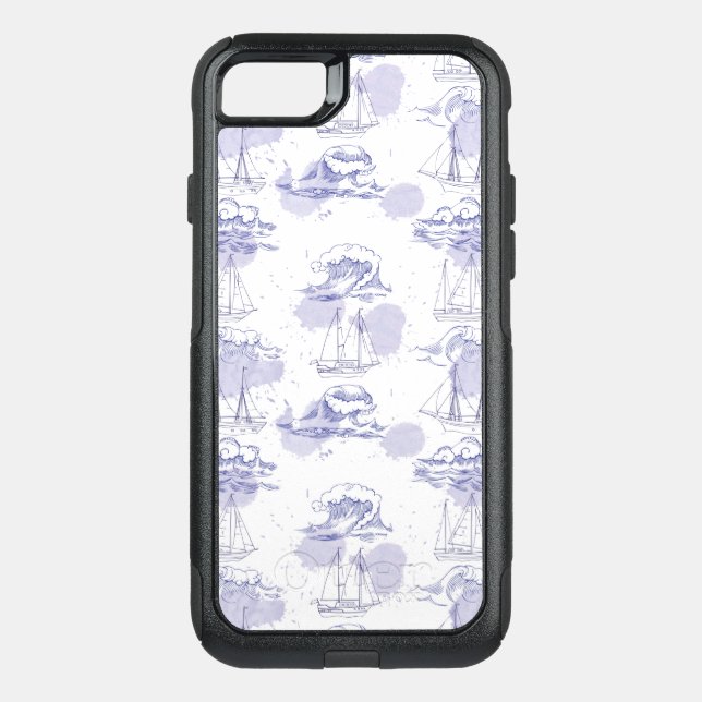 Watercolor Waves & Ships Pattern Otterbox iPhone Case (Back)