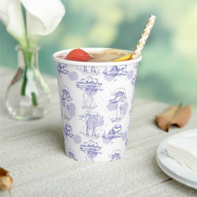 Watercolor Waves & Ships Pattern Paper Cups (Insitu)
