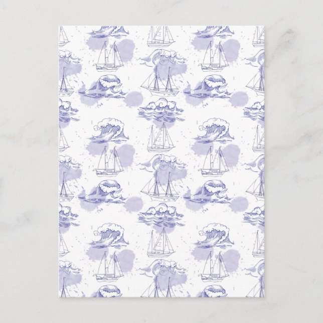 Watercolor Waves & Ships Pattern Postcard (Front)