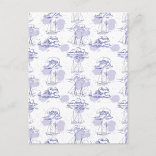 Watercolor Waves & Ships Pattern Postcard