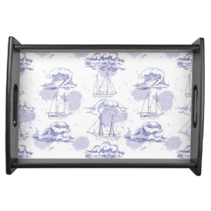 Watercolor Waves & Ships Pattern Serving Tray