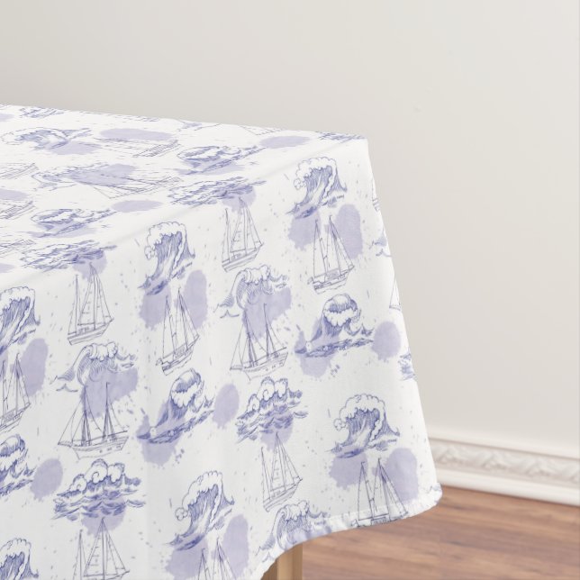 Watercolor Waves & Ships Pattern Tablecloth (In Situ)