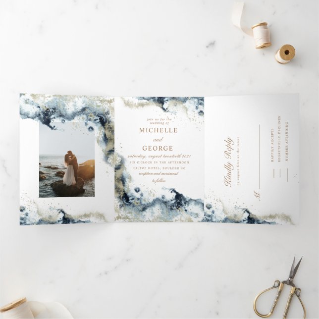 Watercolor Waves Tri-Fold Wedding Invitation (Inside)