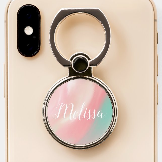 Watercolor Wavy Candy Pink Marble Waves Phone Ring Stand (Close Up)