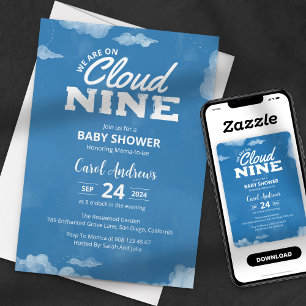 Watercolor We Are On Cloud Nine Blue Baby Shower Invitation