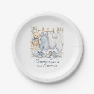 Watercolor We Can Bearly Wait Blue Baby Shower Paper Plates