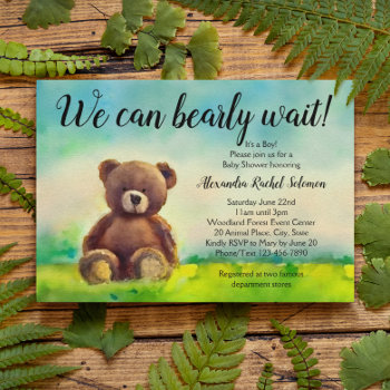 Watercolor We Can Bearly Wait Boy Baby Shower Invitation by CustomInvites at Zazzle