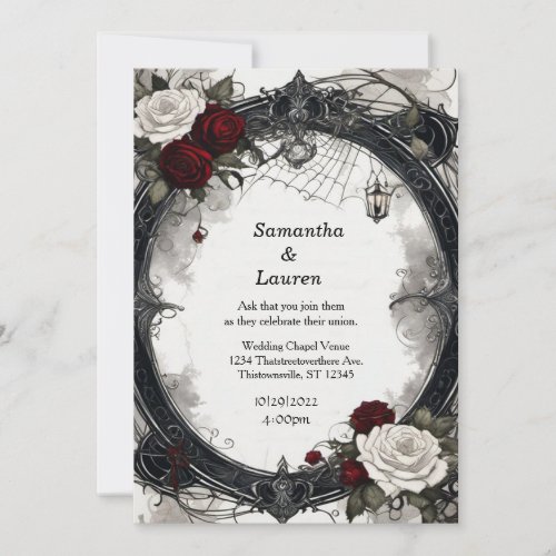 Watercolor Webbed Roses Framed Goth Wedding Invitation