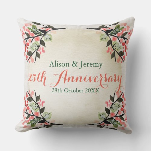 Watercolor Wedding Anniversary Botanical Coral Outdoor Pillow