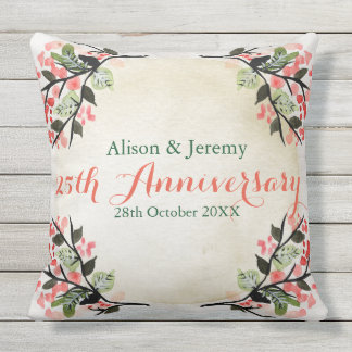 Watercolor Wedding Anniversary Botanical Coral Outdoor Pillow