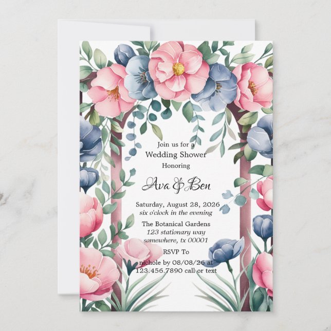 Watercolor Wedding Arch Pink & Blue Blooms Shower Invitation (Front)