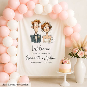Watercolor Wedding Backdrop Funny Bride and Groom