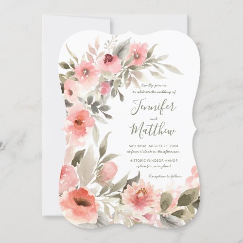 Watercolor Wedding Blush Rose Asymmetrical Wreath Announcement